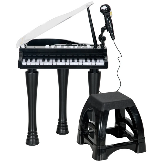 Children's 32-Key Piano Keyboard, with Stool, Lights, Microphone, Sounds, for Aspiring Musicians, Black | AIYAPLAY