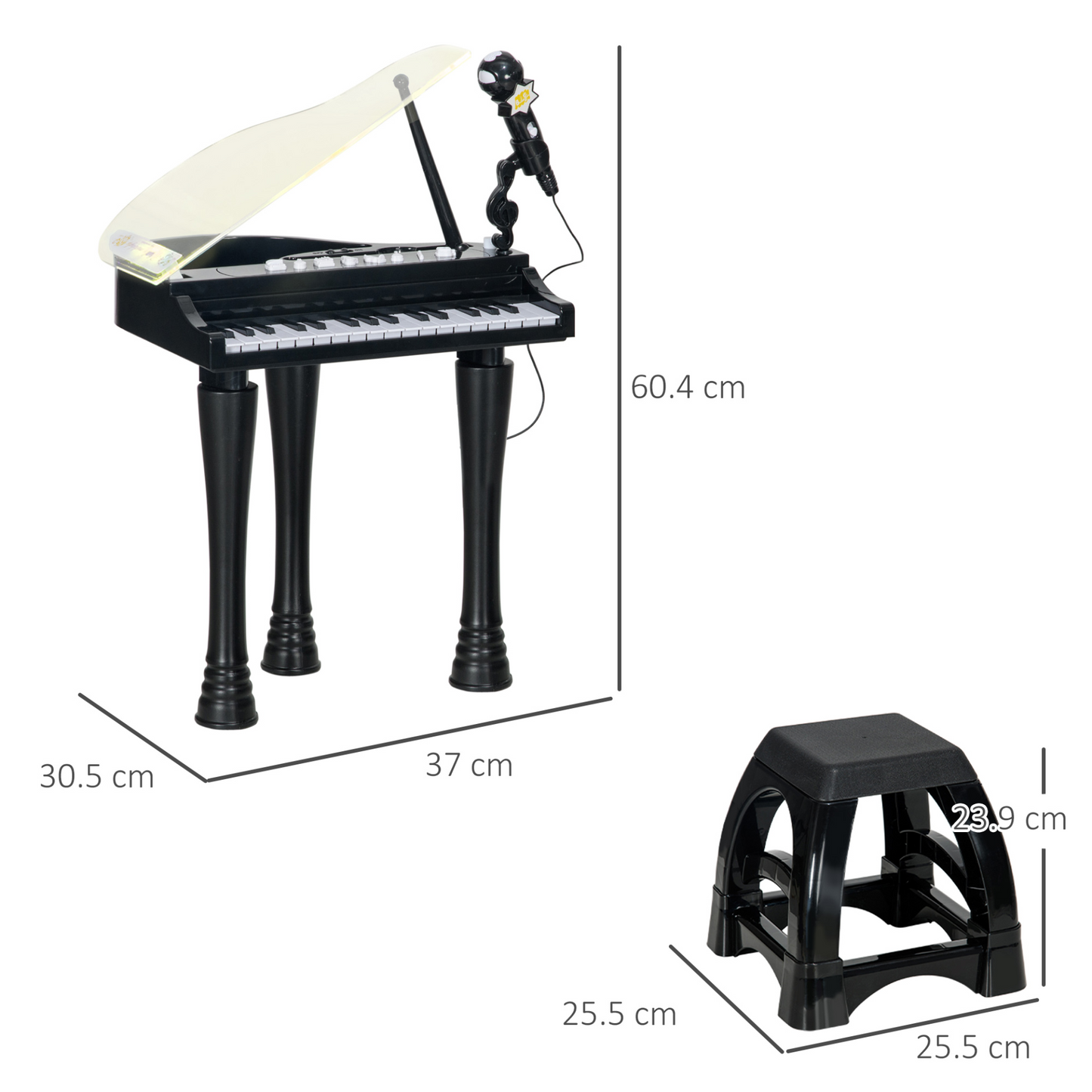 Children's 32-Key Piano Keyboard, with Stool, Lights, Microphone, Sounds, for Aspiring Musicians, Black | AIYAPLAY