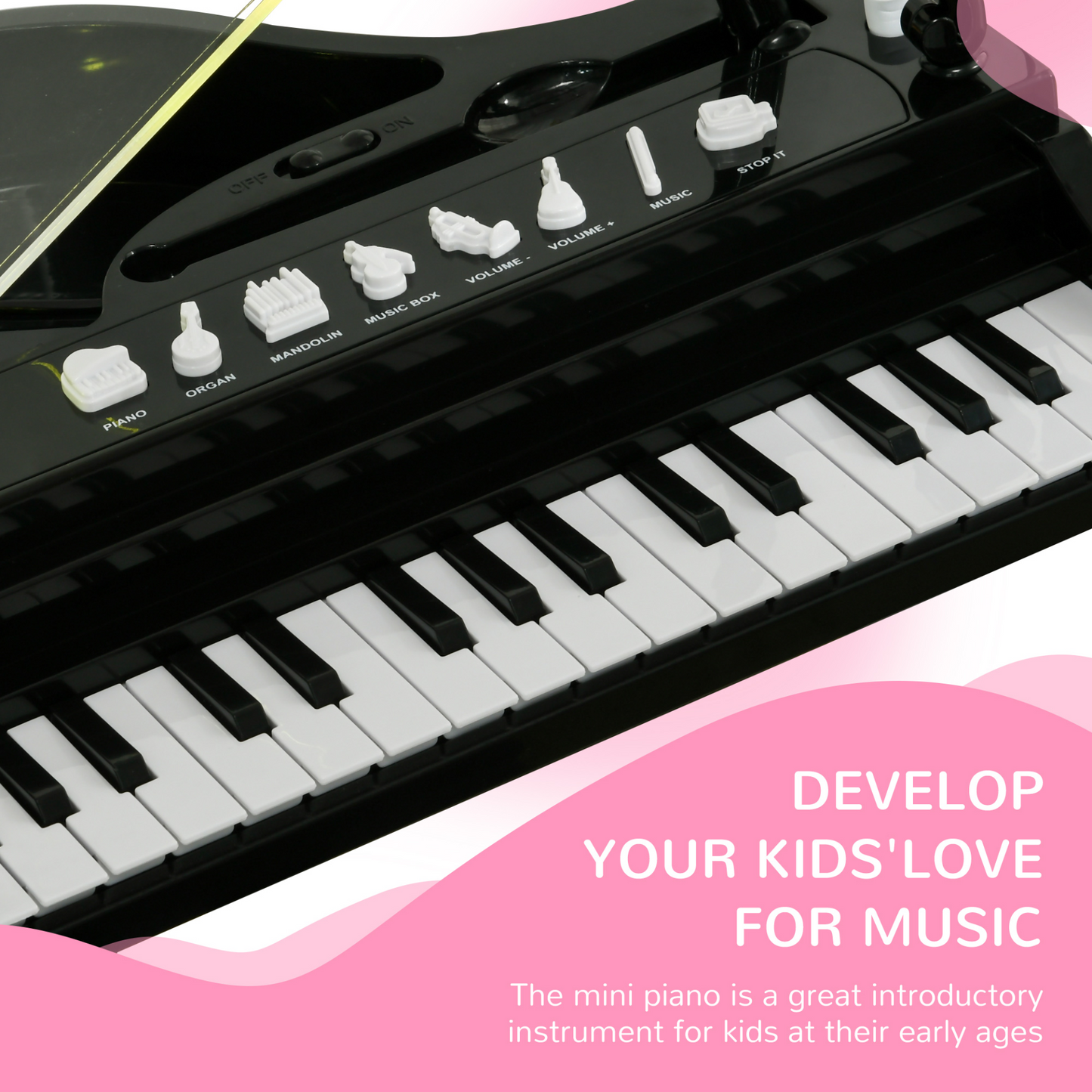 Children's 32-Key Piano Keyboard, with Stool, Lights, Microphone, Sounds, for Aspiring Musicians, Black | AIYAPLAY