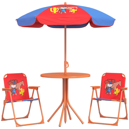 Outsunny Kids Bistro Table and Chair Set with Cowboy Theme Adjustable Parasol