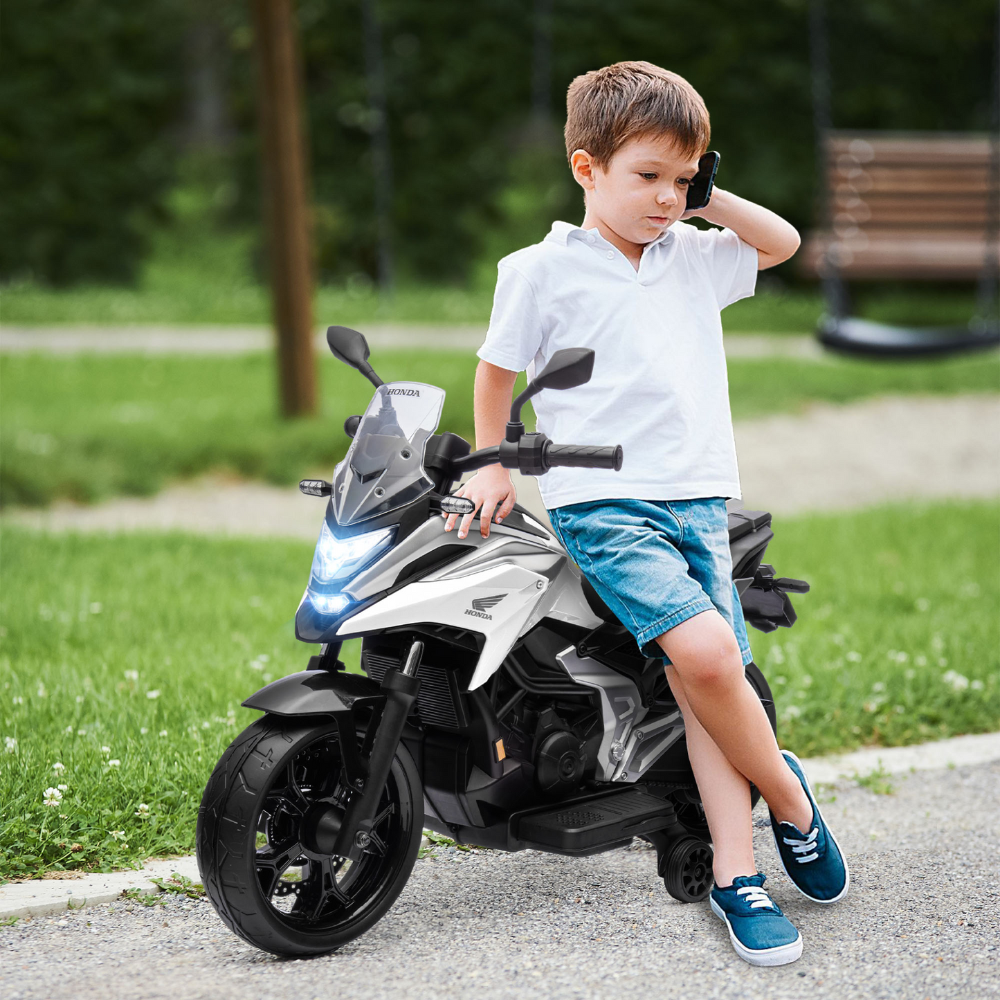 12V Honda Licensed Kids Electric Motorbike with Music, Headlights, Early Education Function, for 3-6 Years in White by AIYAPLAY