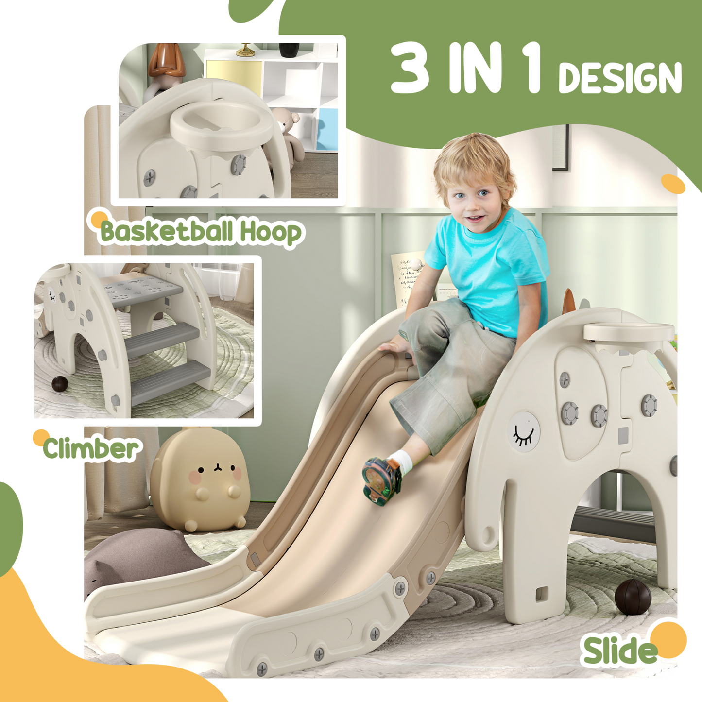 3 in 1 Toddler Slide with Basketball Hoop, Climber, Elephant-Themed, for 1-3 Years in Cream White by AIYAPLAY