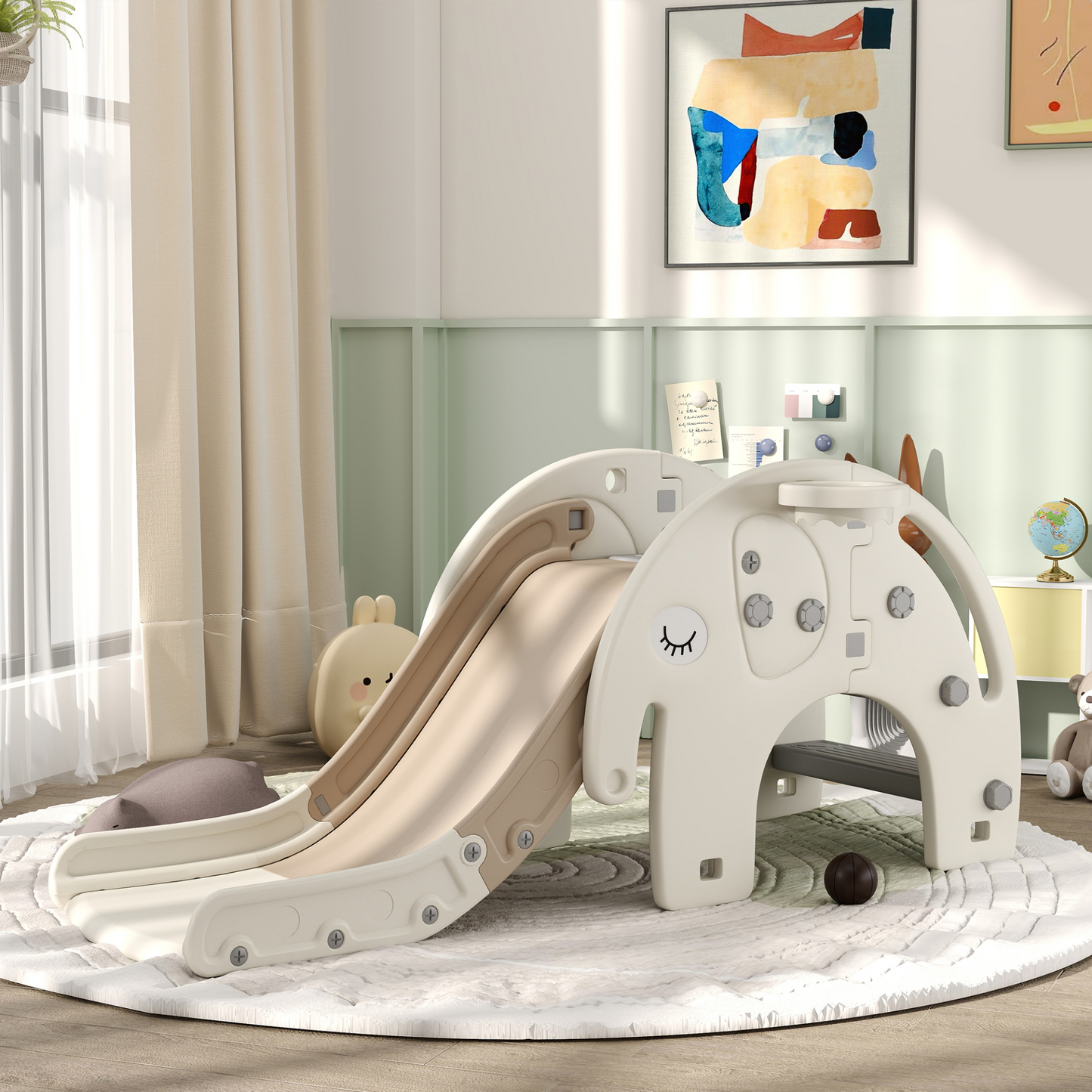 3 in 1 Toddler Slide with Basketball Hoop, Climber, Elephant-Themed, for 1-3 Years in Cream White by AIYAPLAY