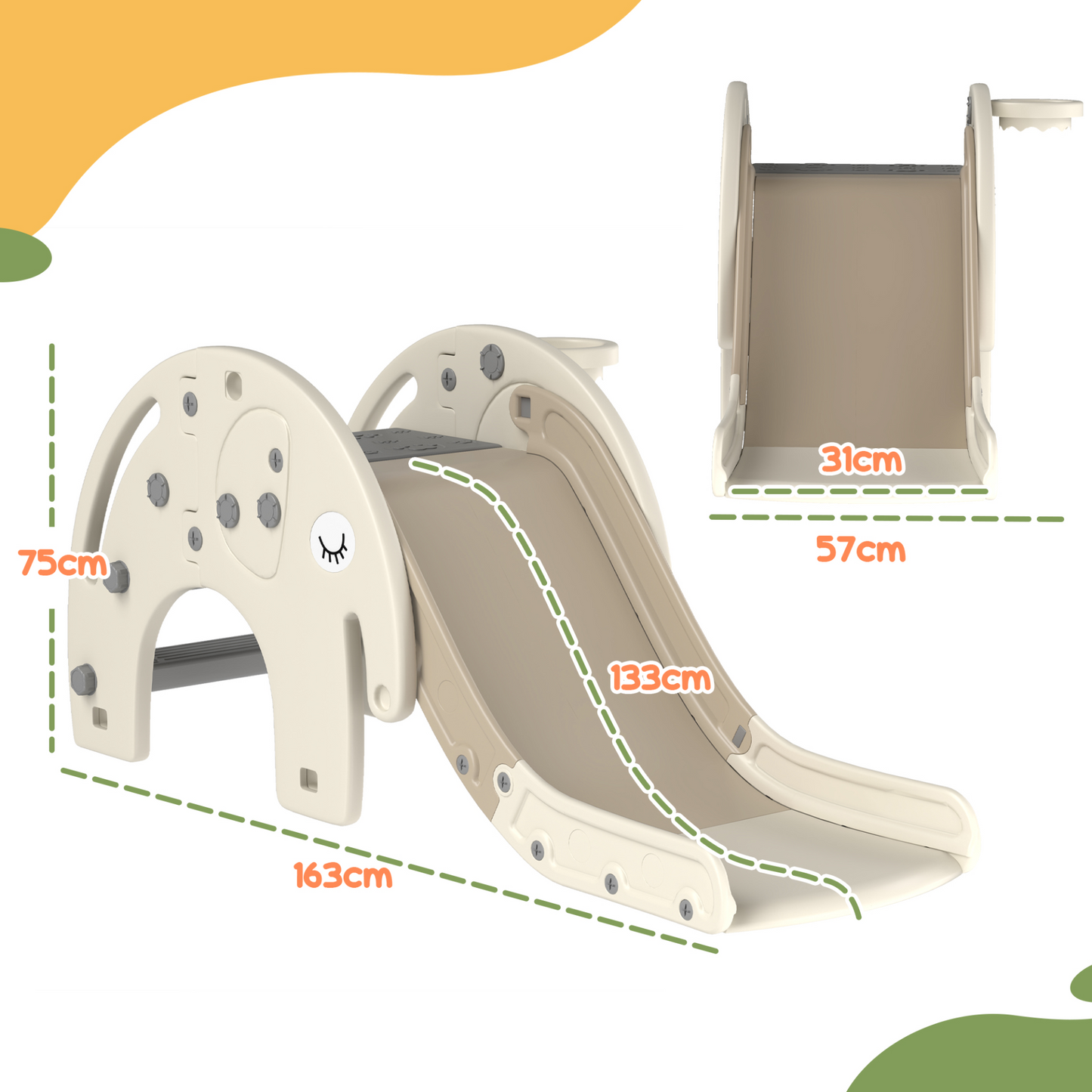 3 in 1 Toddler Slide with Basketball Hoop, Climber, Elephant-Themed, for 1-3 Years in Cream White by AIYAPLAY