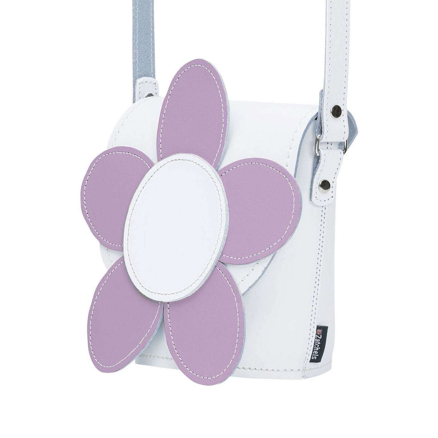 Handmade Leather Daisy Barrel Bag - White & Violet