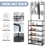 Coat And Hat Stand 8 Hooks Metal Shoe Rack 5 Tiers Shelf Hanger Black