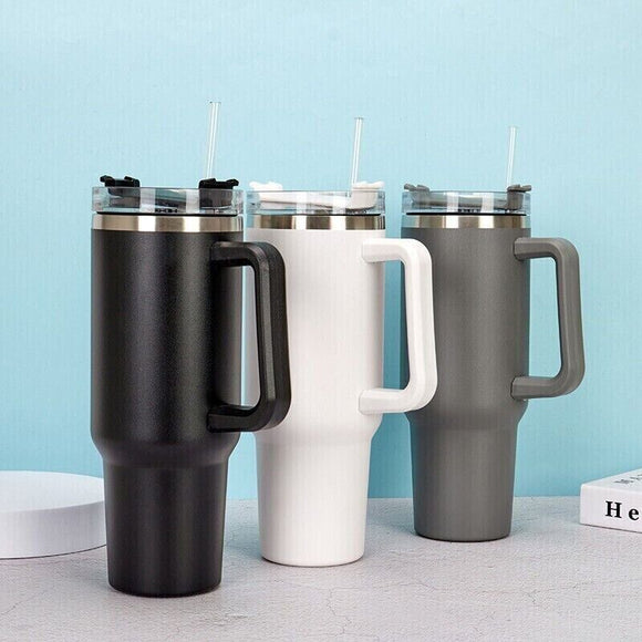 Stainless Steel Water Tumbler 40 Oz Cup Handle Straw Insulated Bottle Dupe Mug