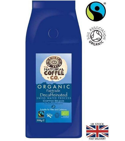 Organic Decaffeinated Whole Bean Coffee Swiss Water Processed 908g Free Delivery