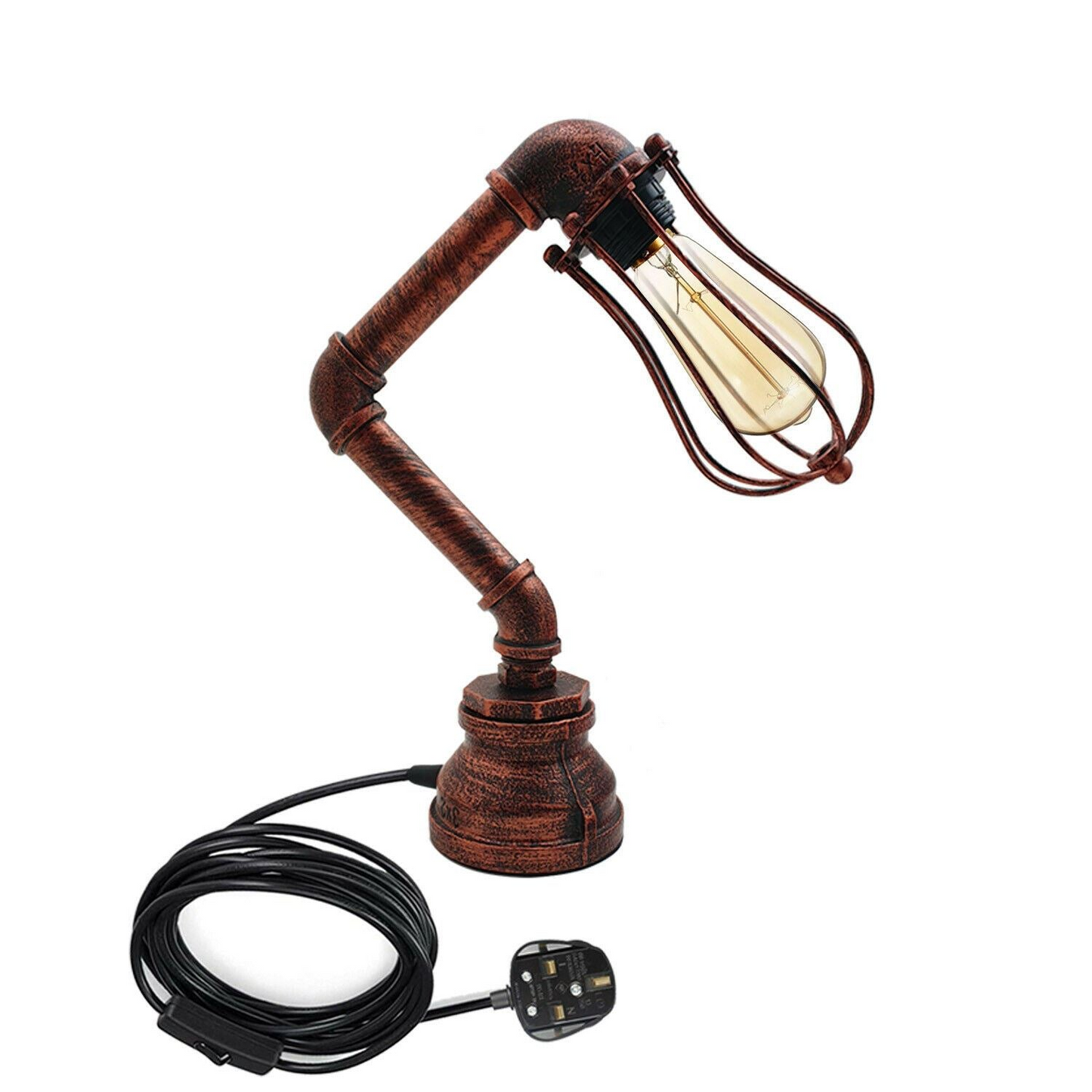 Industrial Iron Water Pipe Table Lamp with Bulb Guard wire Cage ~1306