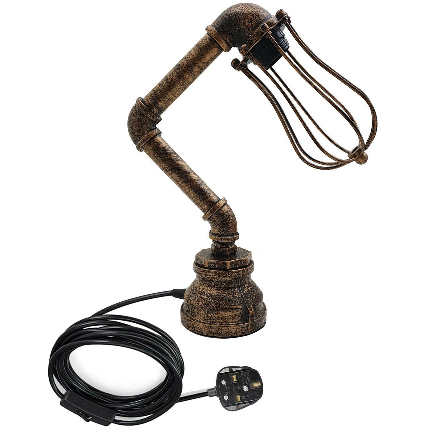 Industrial Iron Water Pipe Table Lamp with Bulb Guard wire Cage ~1306