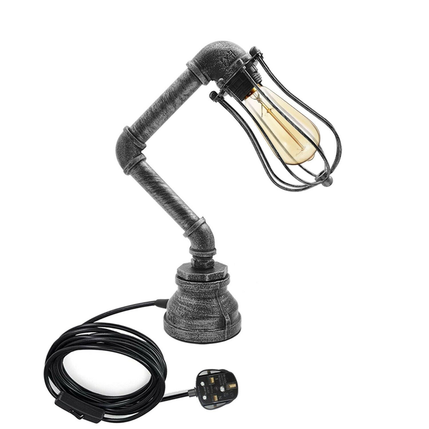 Industrial Iron Water Pipe Table Lamp with Bulb Guard wire Cage ~1306