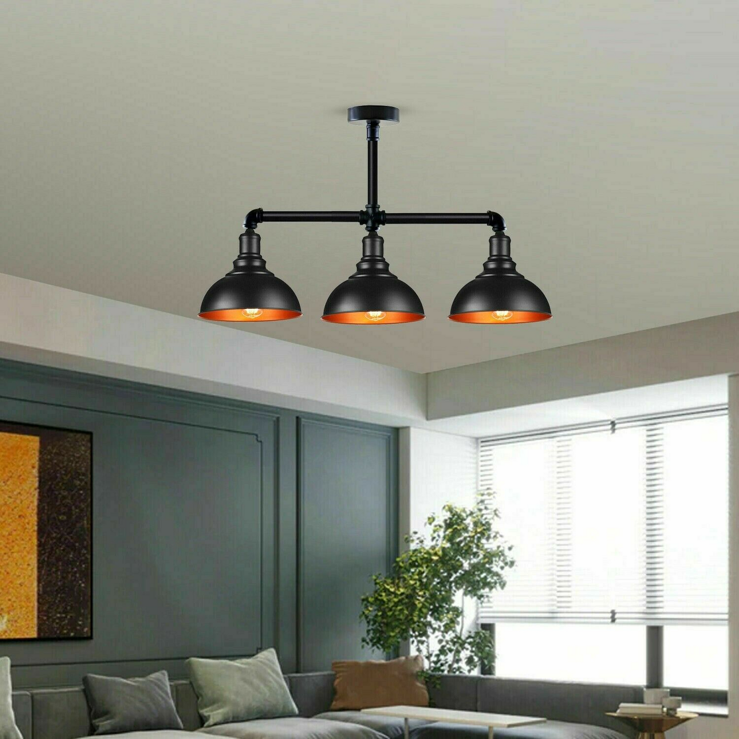 Industrial Vintage Retro Ceiling Pipe Light Black Dome Shade E27 UK Flush Lights