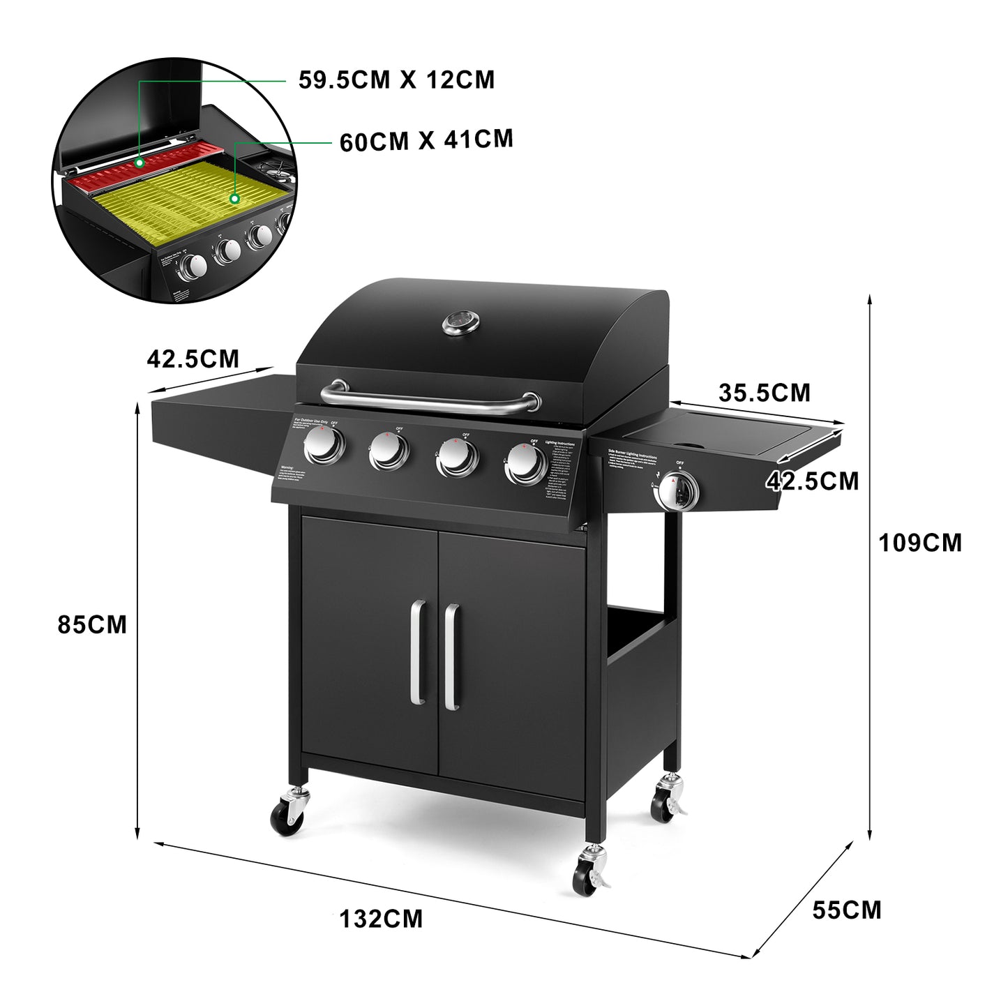 The 4 + 1 gas BBQ grill features 4 stainless steel burners and an side burner  - Black