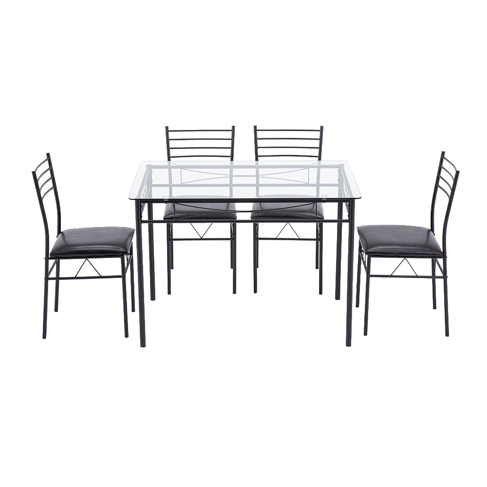 [110 x 70 x 76cm] Iron Glass Dining Table and Chairs Black One Table and Four Chairs PU Cushion