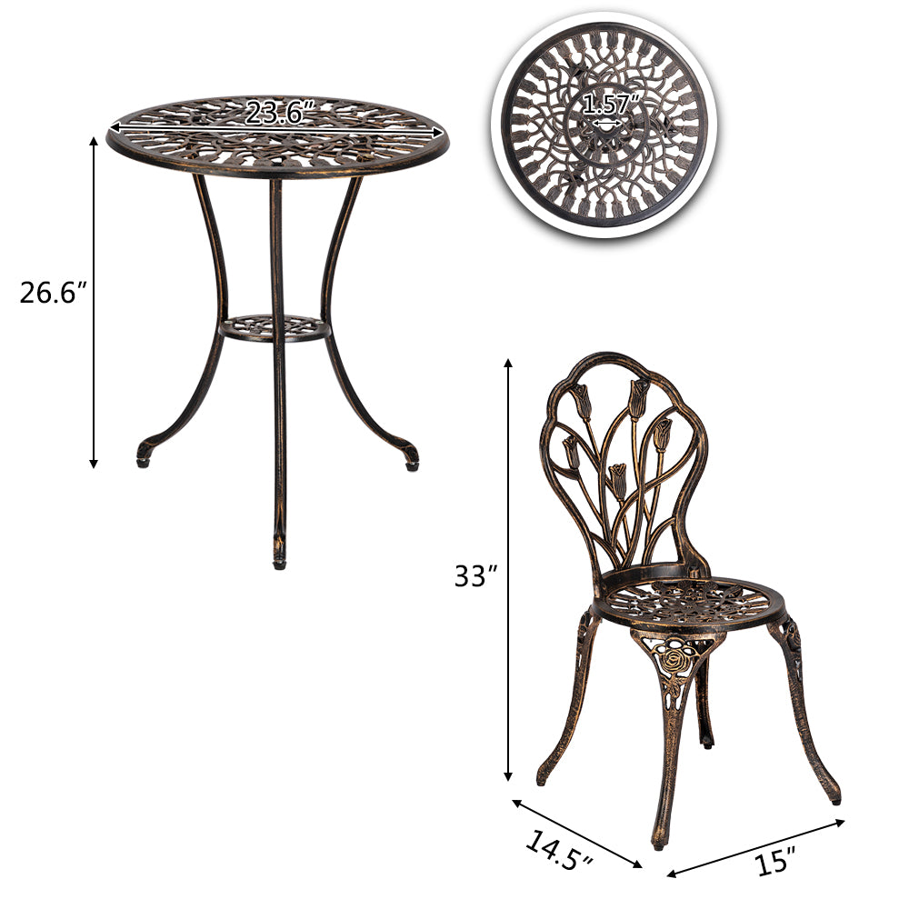 European Style Cast Aluminium Outdoor 3 Piece Tulip Bistro Set of Table and Chairs Bronze