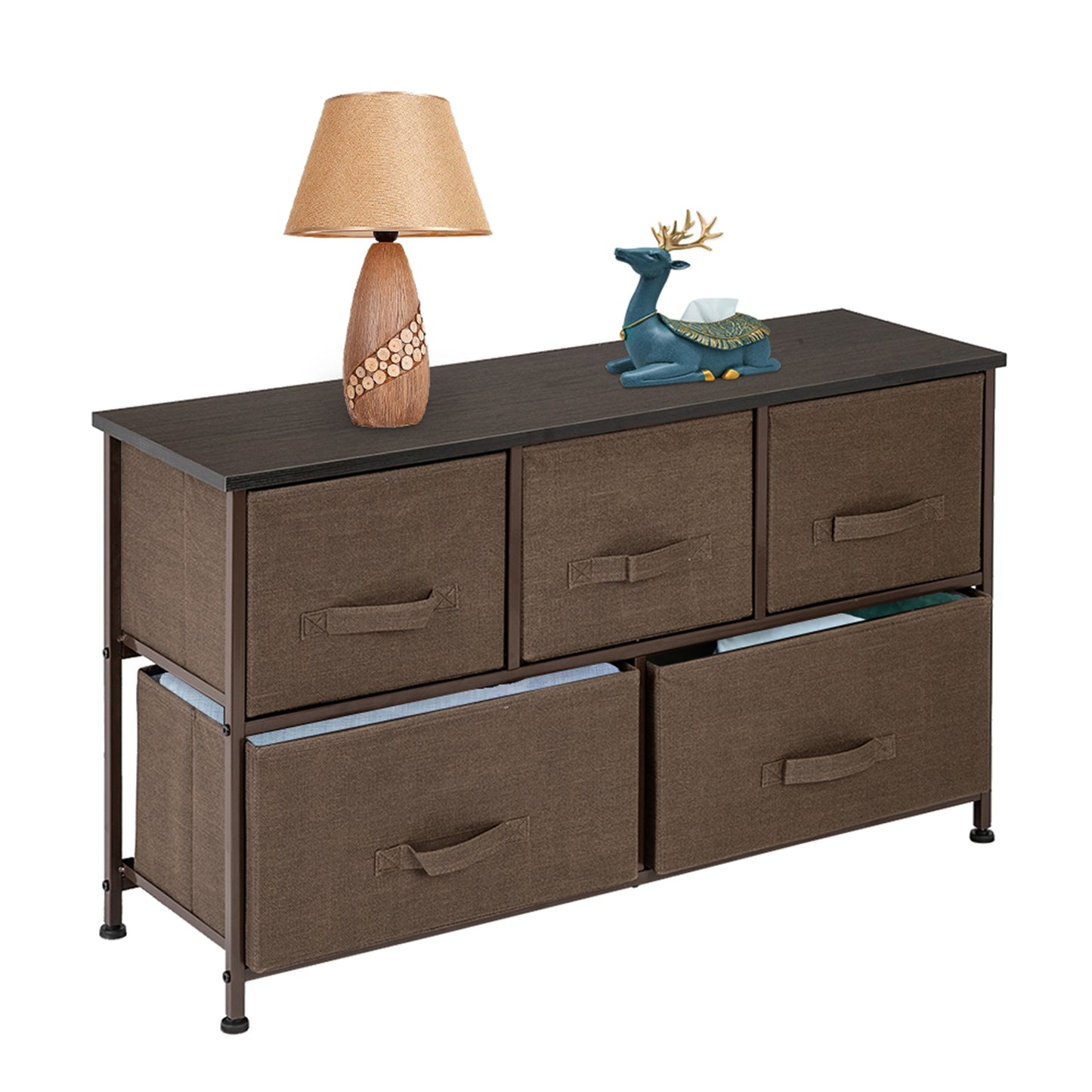 2-Tier Wide Closet Dresser, Nursery Dresser Tower With 5 Easy Pull Fabric Drawers And Metal Frame, Multi-Purpose Organizer Unit For Closets, Dorm Room, Living Room, Hallway - Brown