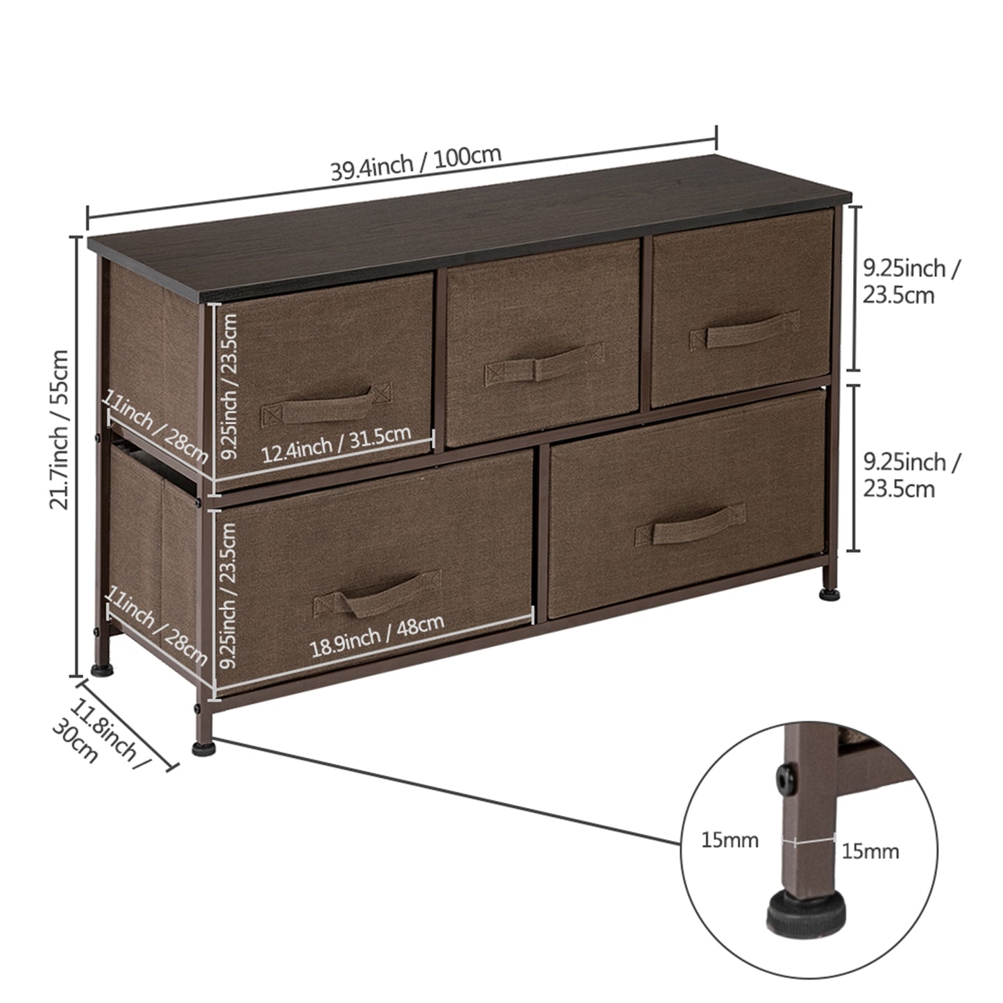 2-Tier Wide Closet Dresser, Nursery Dresser Tower With 5 Easy Pull Fabric Drawers And Metal Frame, Multi-Purpose Organizer Unit For Closets, Dorm Room, Living Room, Hallway - Brown