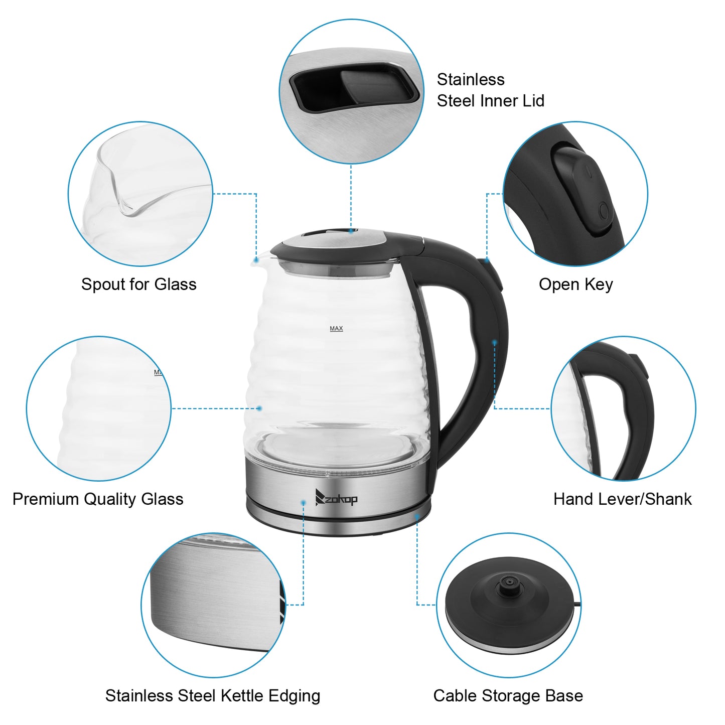 HD-1858L 1.8L  220V 2000W Electric Kettle Stainless Steel High Quality Borosilicate Glass Blue Light