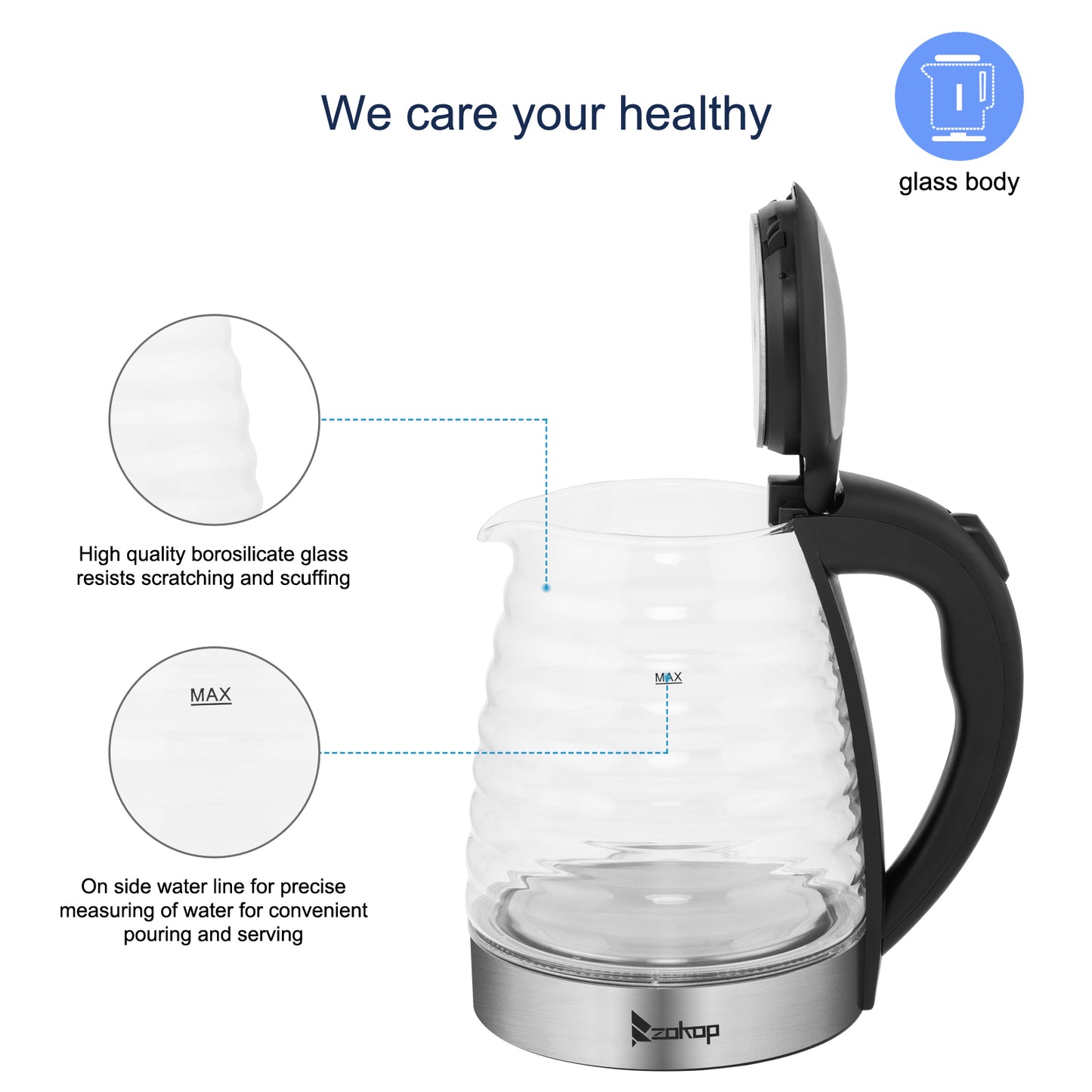 HD-1858L 1.8L  220V 2000W Electric Kettle Stainless Steel High Quality Borosilicate Glass Blue Light