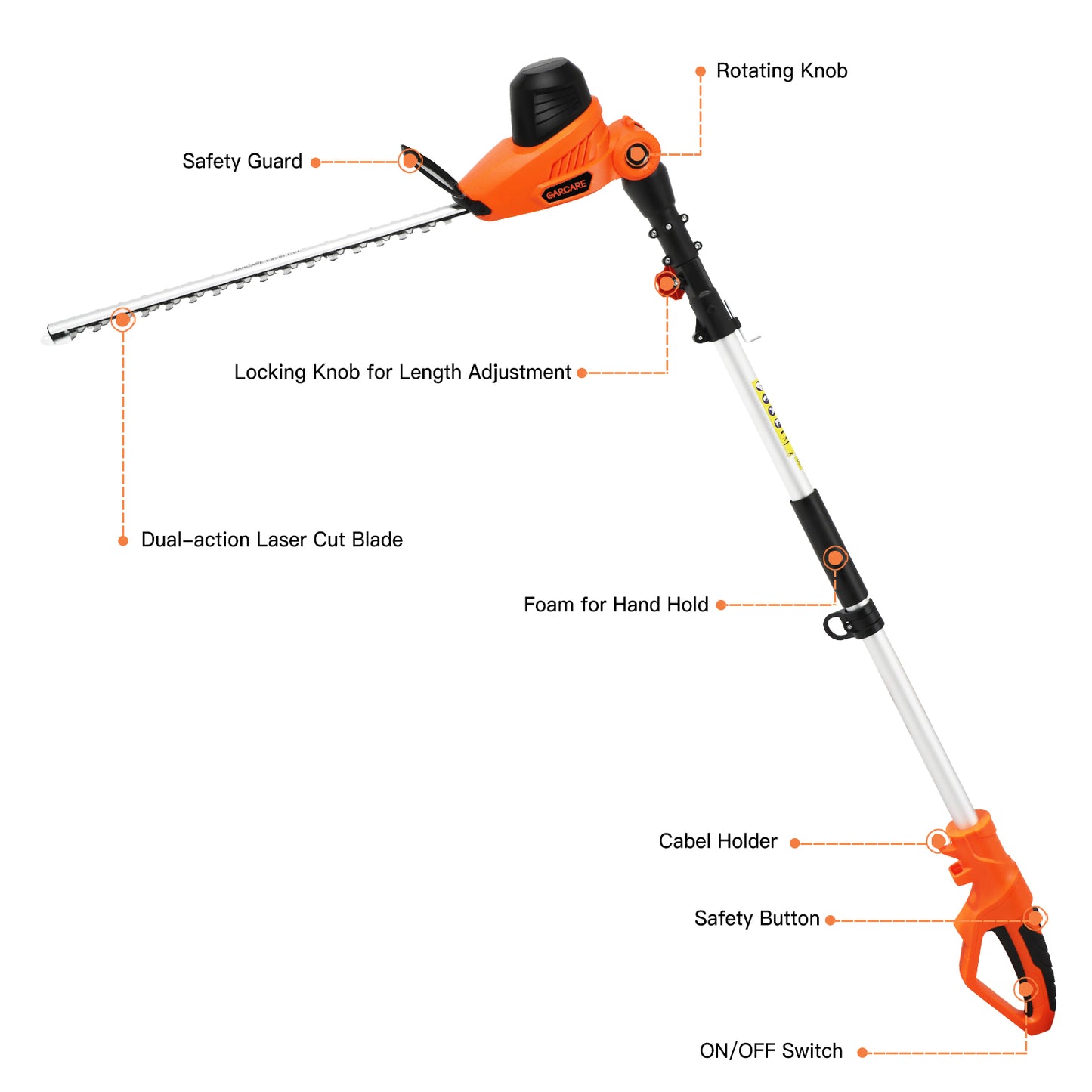 Pole Hedge Trimmer Electric Corded 20Inch SK5 Laser Cutting Blade 600W