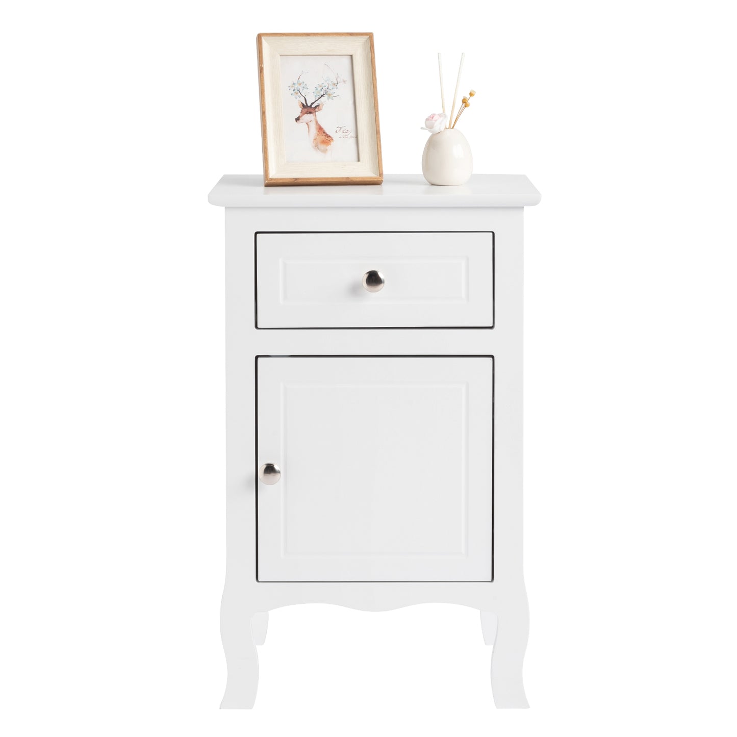 Country Style MDF Spray Paint Curved Foot One Drawer One Door Night Table - White