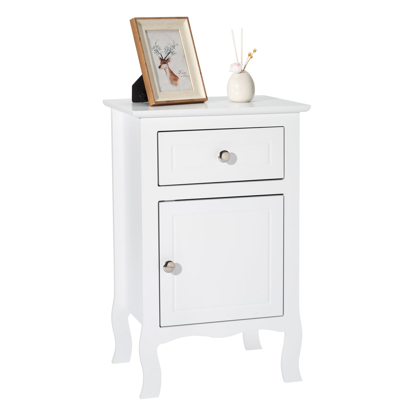 Country Style MDF Spray Paint Curved Foot One Drawer One Door Night Table - White