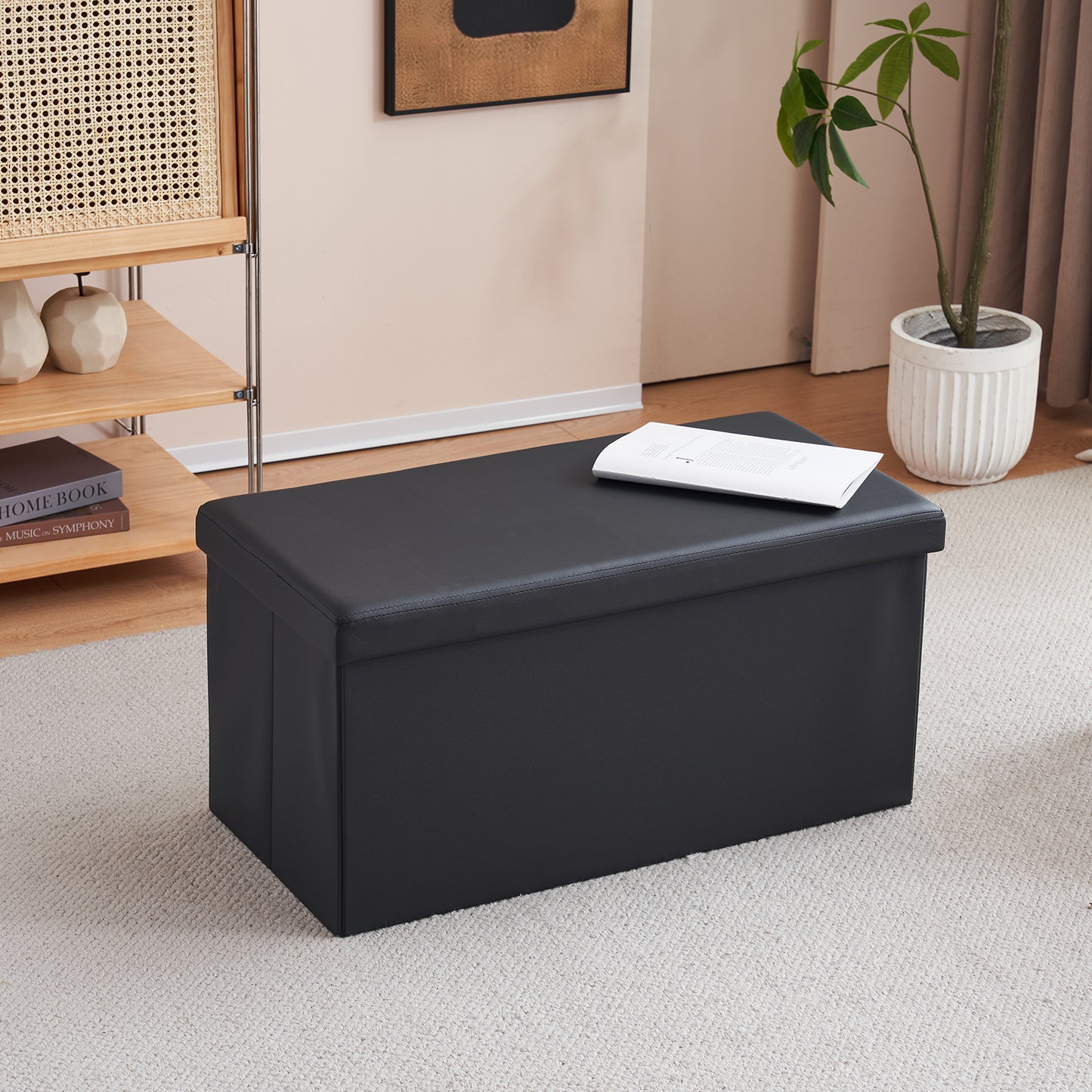 76*38*38cm Glossy PVC MDF Foldable Storage Footstool Black