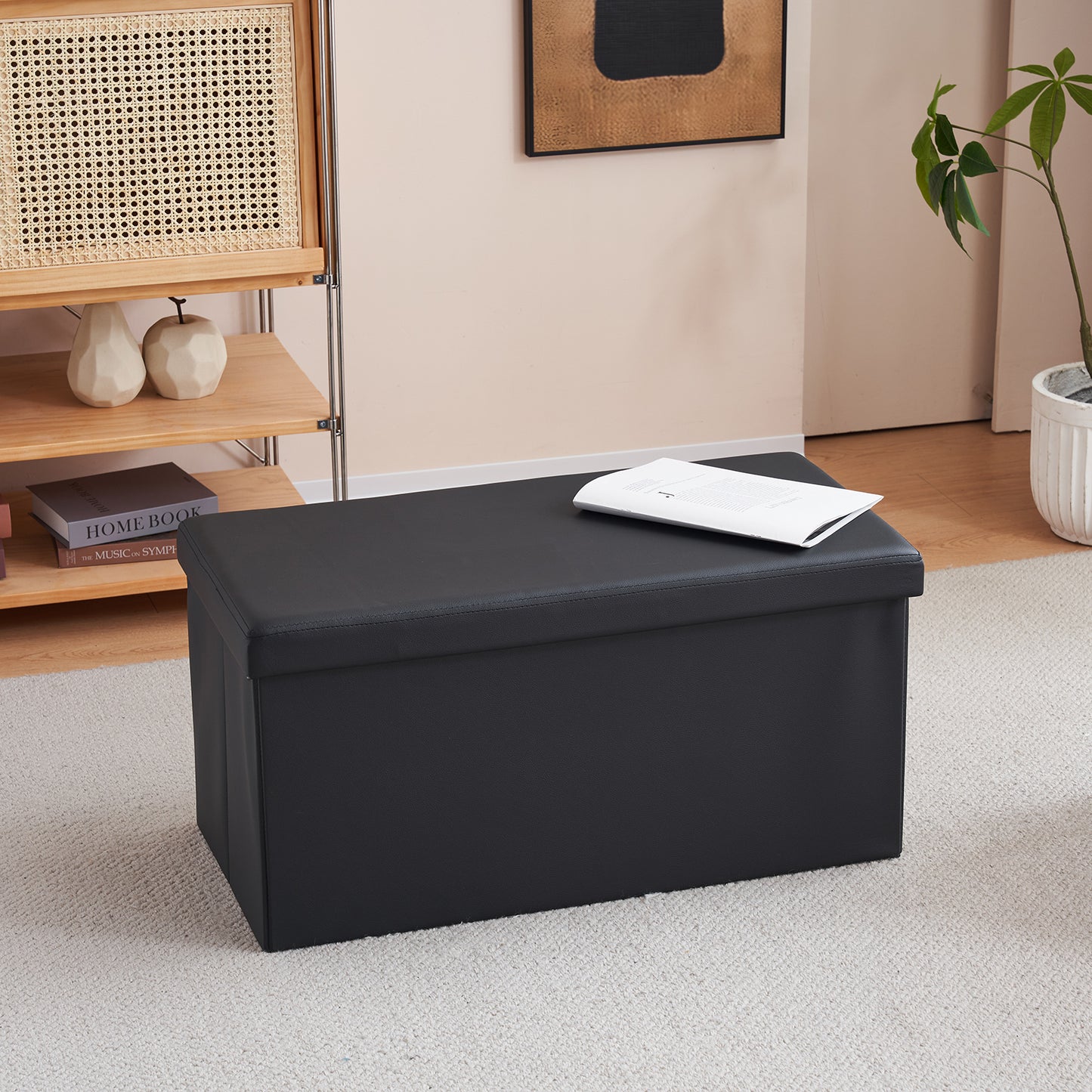 76*38*38cm Glossy PVC MDF Foldable Storage Footstool Black