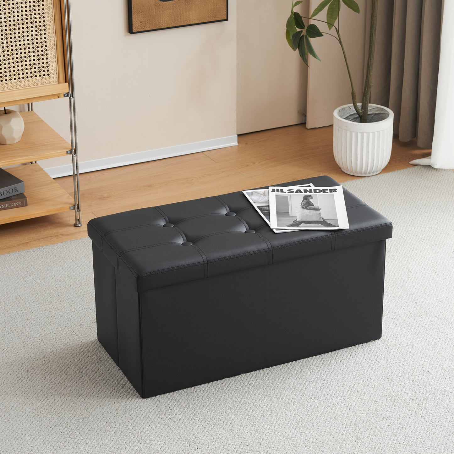 76*38*38cm Glossy Pull Point PVC MDF Foldable Storage Footstool Black