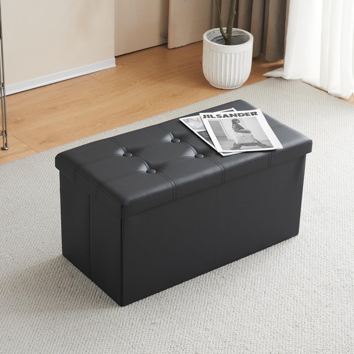 76*38*38cm Glossy Pull Point PVC MDF Foldable Storage Footstool Black