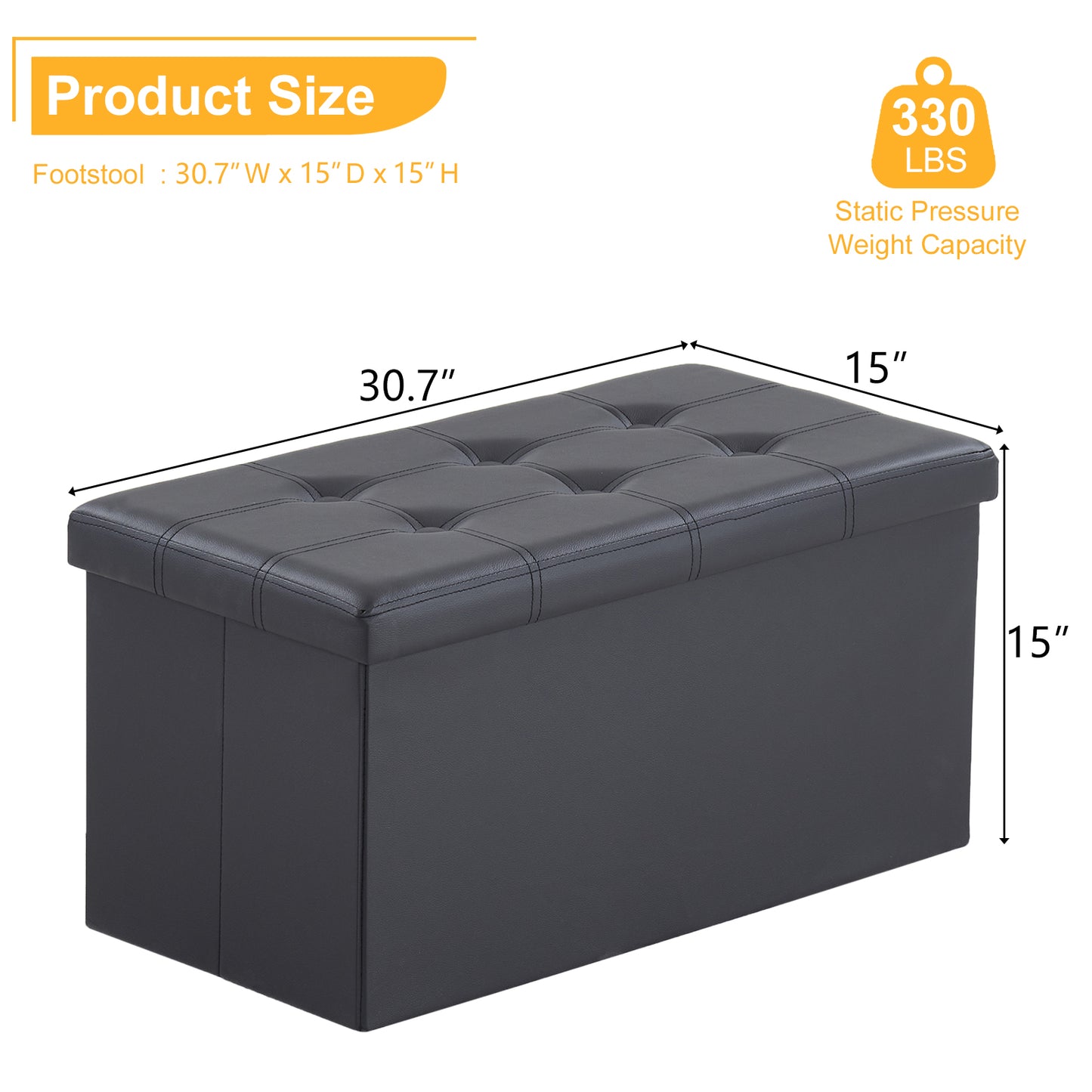 76*38*38cm Glossy Pull Point PVC MDF Foldable Storage Footstool Black