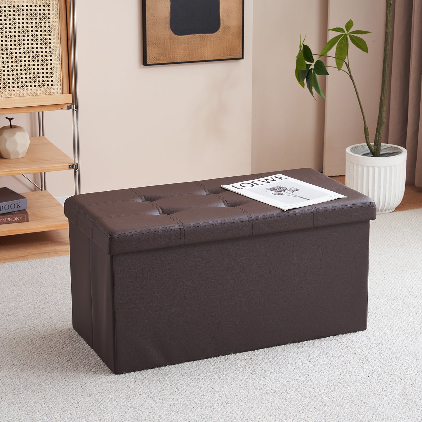 76*38*38cm Glossy Pull Point PVC MDF Foldable Storage Footstool Dark Brown