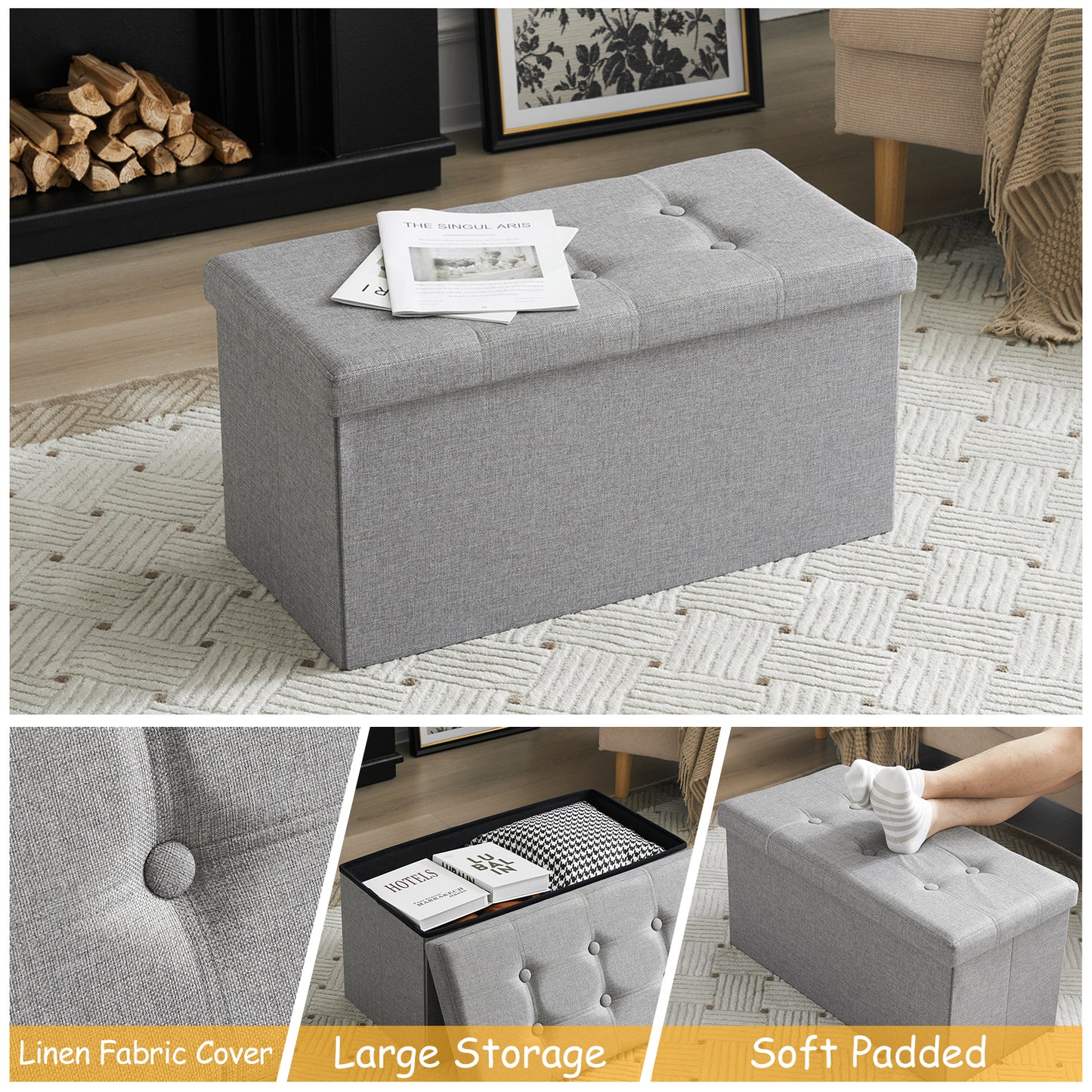 76*38*38cm Pull Point Linen MDF Foldable Storage Footstool Dark Grey