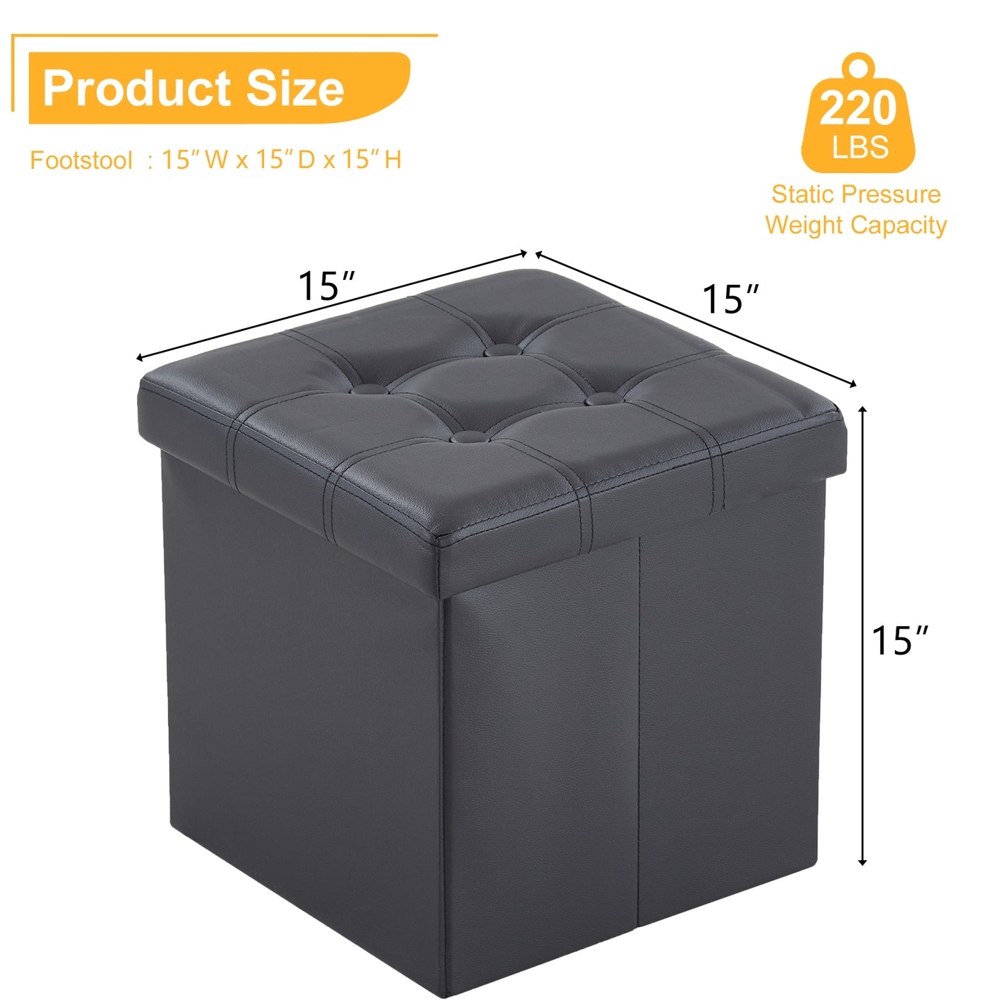 38*38*38cm Pull Point PVC MDF Foldable Storage Footstool Black