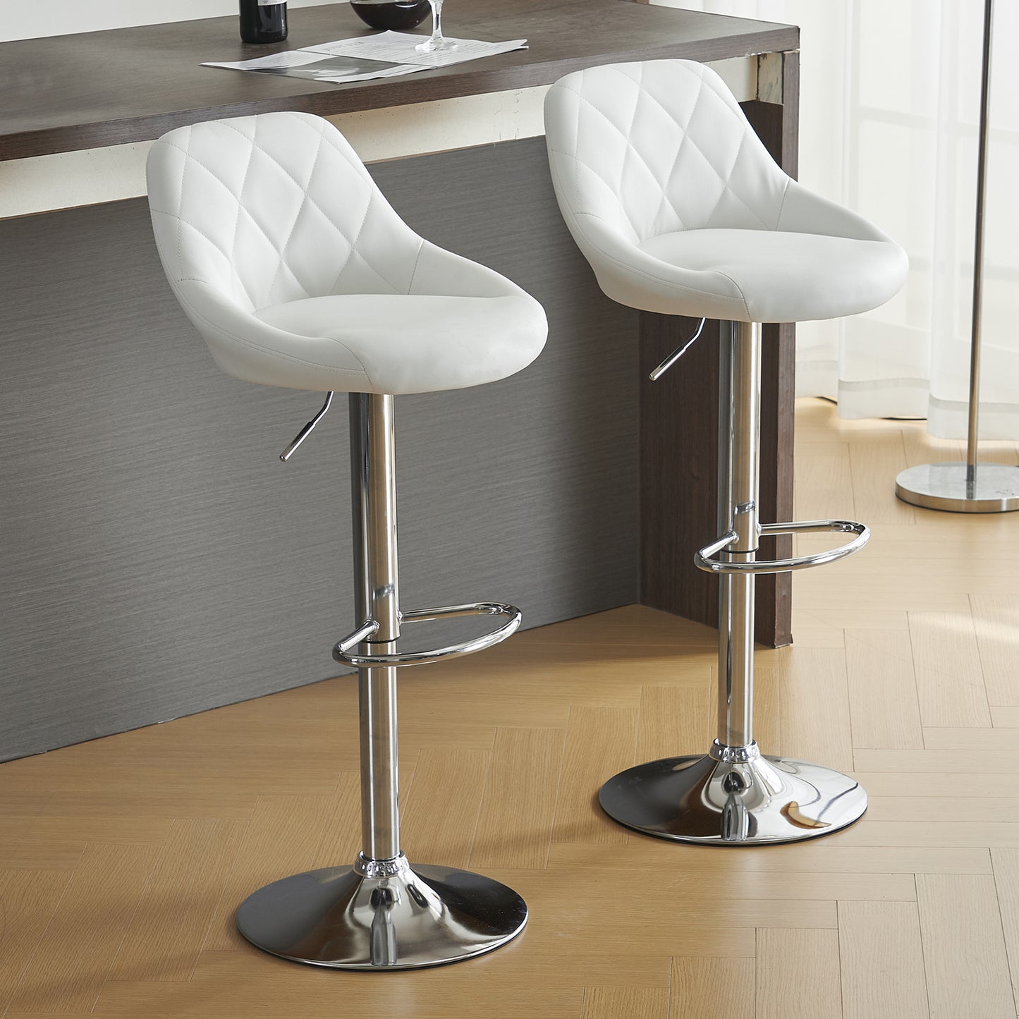 2pcs Adjustable High Type with Disk No Armrest Rhombus Backrest Design Bar Stools White