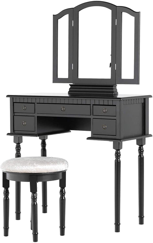 Dressing Table Set with Tri-fold Mirror, Modern Vanity Makeup Table with 5 Drawers and Cushioned Stool, for Girls, Women, Bedroom (Black Makeup Vanity Table-5 drawers)