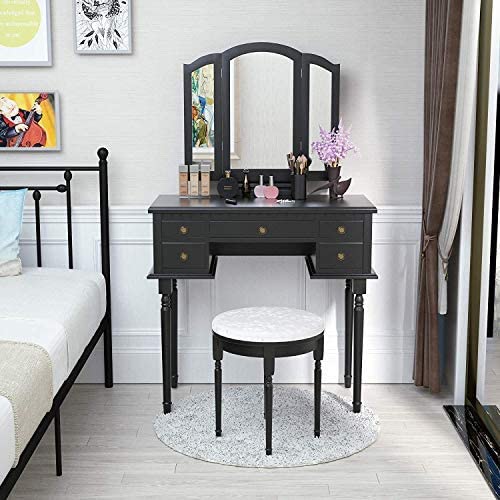 Dressing Table Set with Tri-fold Mirror, Modern Vanity Makeup Table with 5 Drawers and Cushioned Stool, for Girls, Women, Bedroom (Black Makeup Vanity Table-5 drawers)