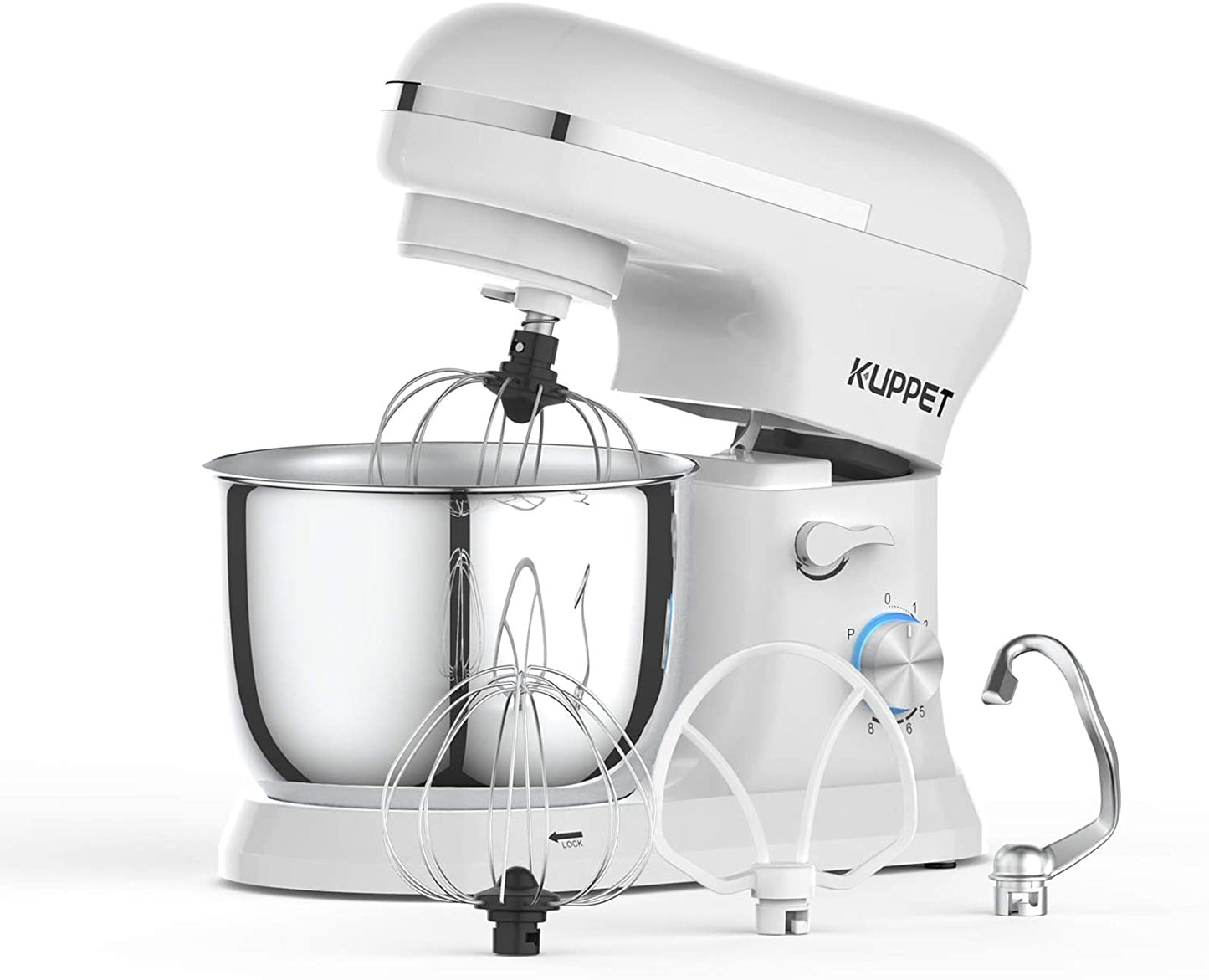 Stand Mixer, Food Mixer with Tilt-Head, 8-Speeds Electric Mixer, Included Dough Hook, Wire Whip & Beater, 4.5L Stainless Steel Bowl - White ( Needed UK Plug)