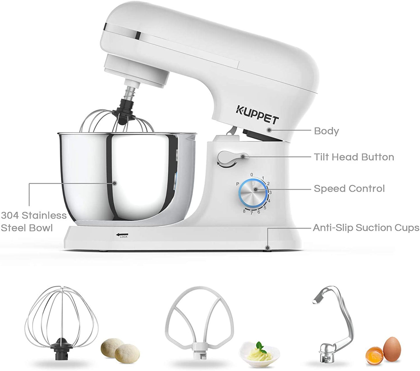 Stand Mixer, Food Mixer with Tilt-Head, 8-Speeds Electric Mixer, Included Dough Hook, Wire Whip & Beater, 4.5L Stainless Steel Bowl - White ( Needed UK Plug)