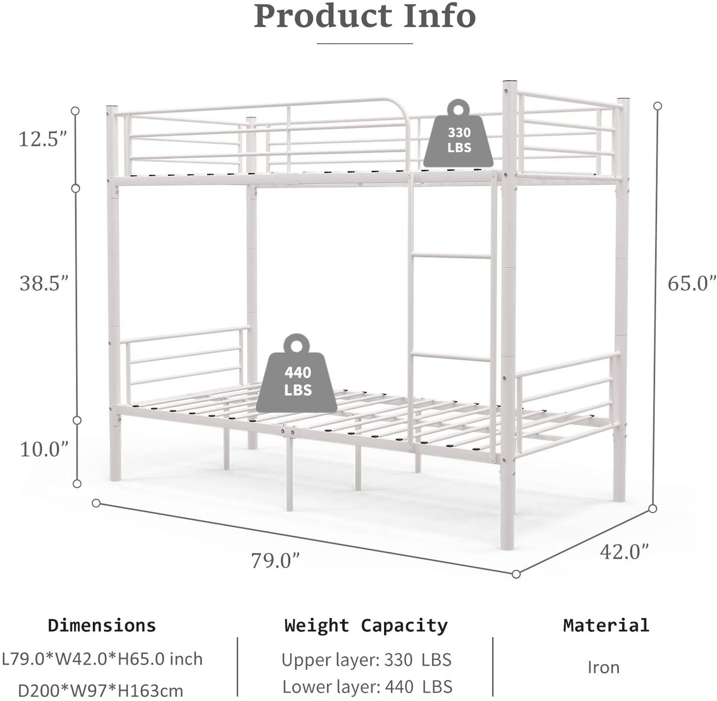 2 x 3FT Single Metal Detachable Bunk Beds Frame - Splits into 2 Beds - for Twins Kids Children Teenagers Adult Dormitory Bed （white）