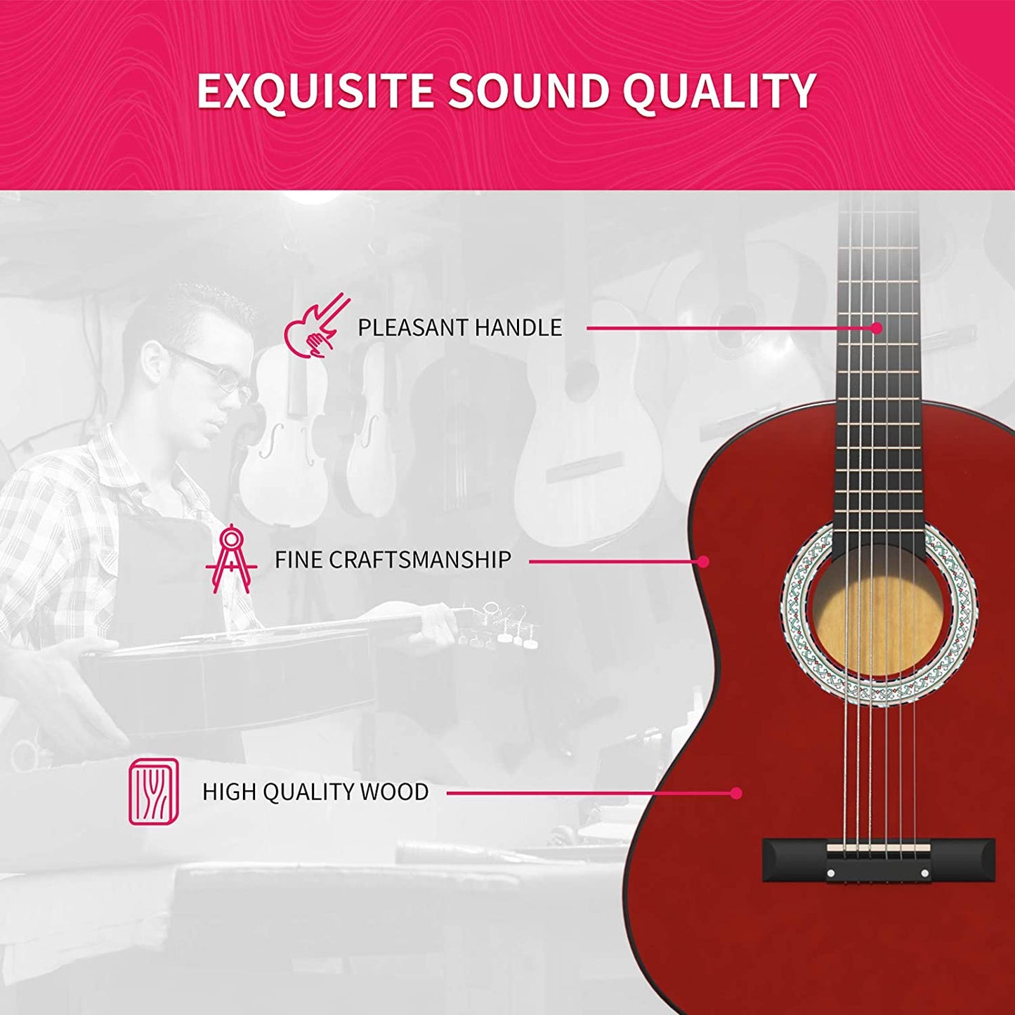 38 Inch 4/4 Full Size Beginner Acoustic Guitar Pack Starter Kit for Kids Adult with Capo, Case, Strap, Tuner, Picks & Steel Strings Red Brown