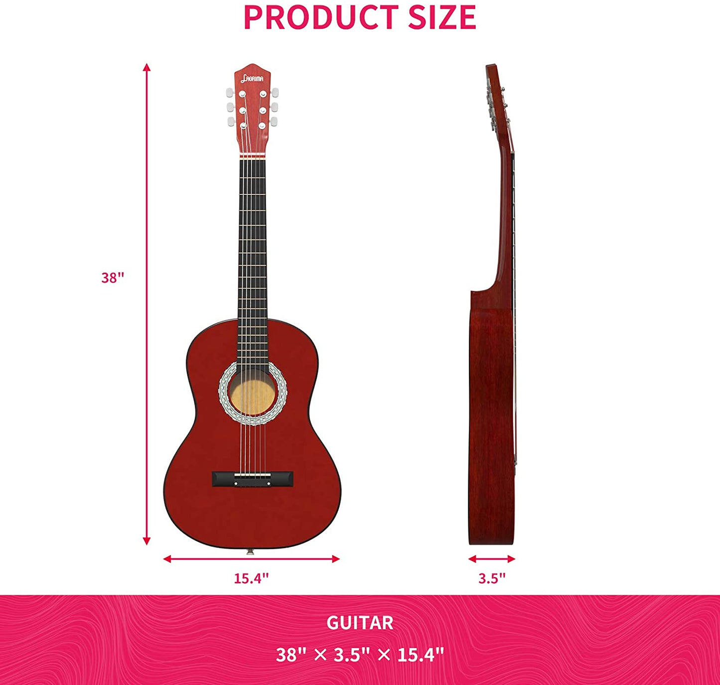 38 Inch 4/4 Full Size Beginner Acoustic Guitar Pack Starter Kit for Kids Adult with Capo, Case, Strap, Tuner, Picks & Steel Strings Red Brown