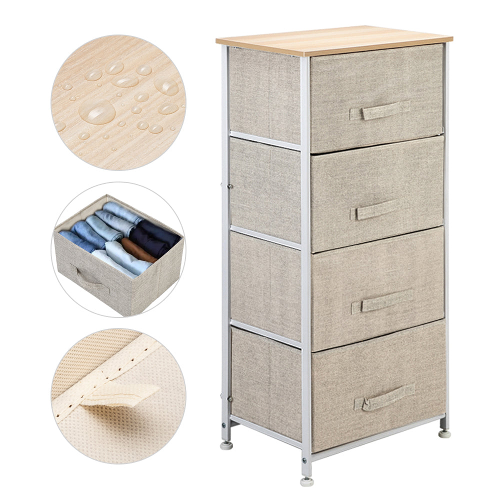 4-Tier Dresser Tower, Fabric Drawer Organizer With 4 Easy Pull Drawers With Metal Frame, Wooden Table top For Living Room, Closet, Linen/Natural