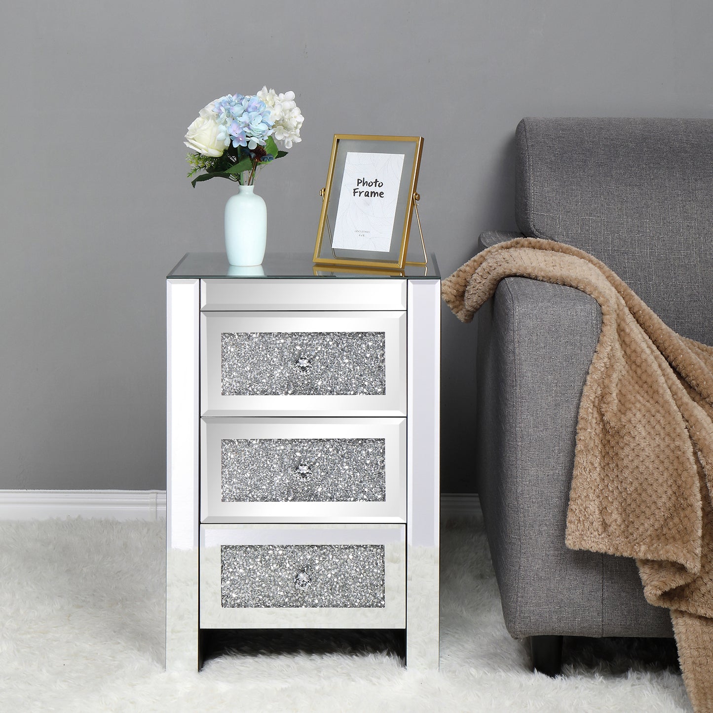 FCH Silver MDF Mirror Surface Broken Glass 40*30*60cm Three Drawers Bedside Table