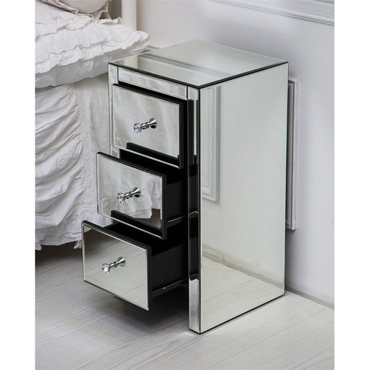 Mirrored Glass Bedside Table with Three Drawers Size S