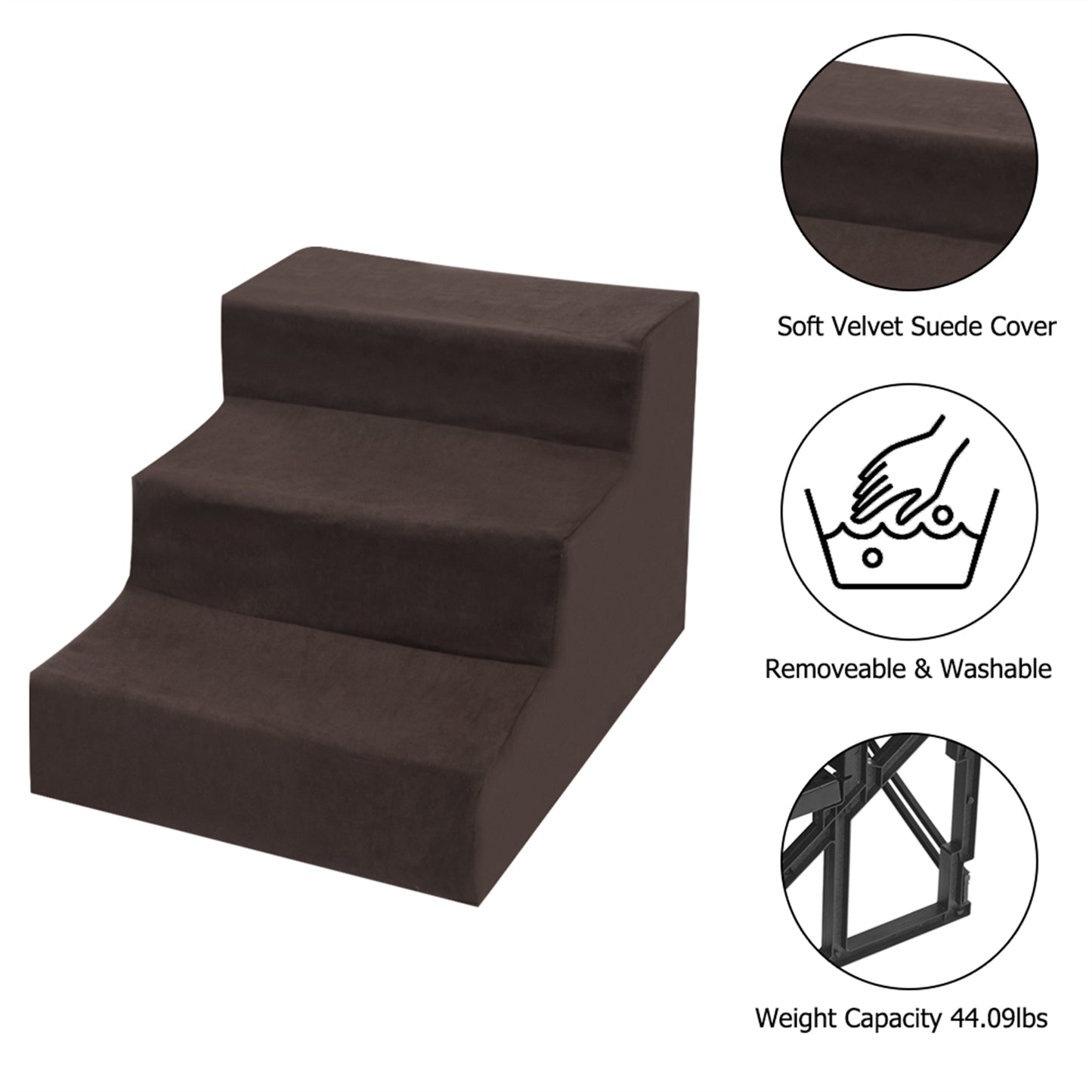 3 Step Velvet Suede Pet Stairs Pet Step Stairs Cat Dog - Brown