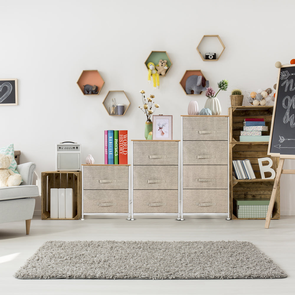 4-Tier Dresser Tower, Fabric Drawer Organizer With 4 Easy Pull Drawers With Metal Frame, Wooden Table top For Living Room, Closet, Linen/Natural