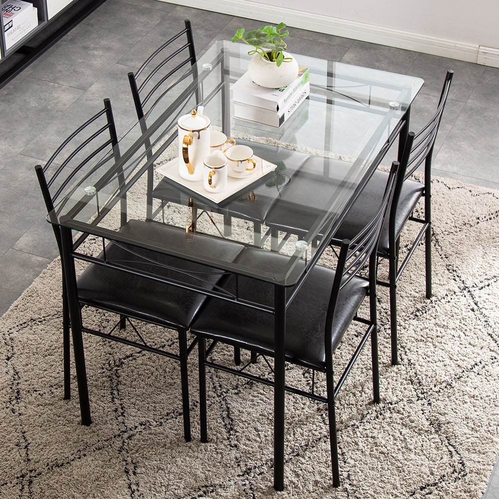 [110 x 70 x 76cm] Iron Glass Dining Table and Chairs Black One Table and Four Chairs PU Cushion