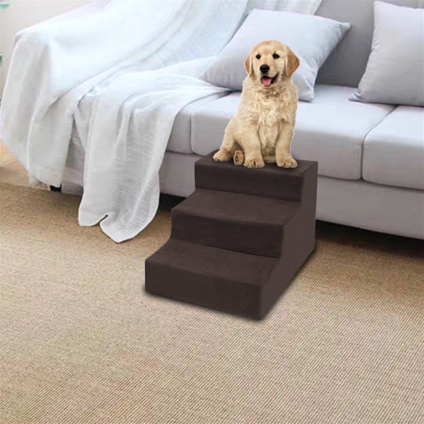 3 Step Velvet Suede Pet Stairs Pet Step Stairs Cat Dog - Brown