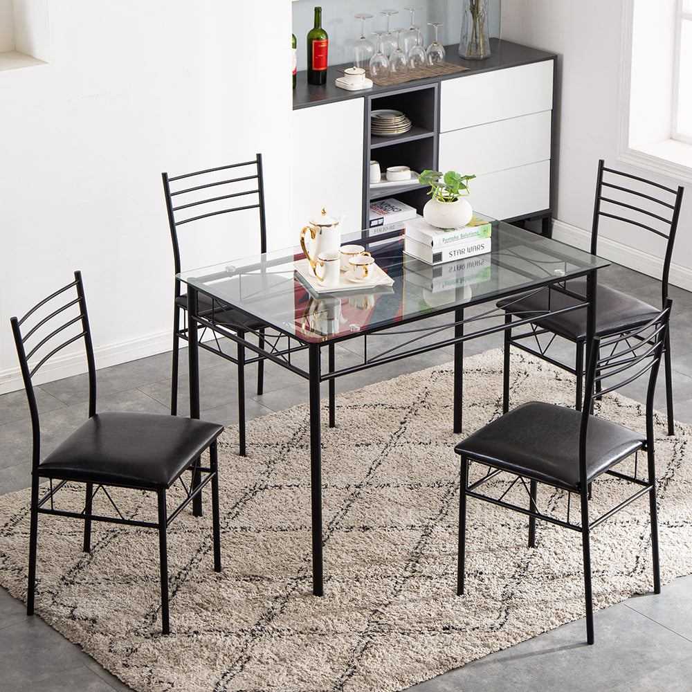 [110 x 70 x 76cm] Iron Glass Dining Table and Chairs Black One Table and Four Chairs PU Cushion